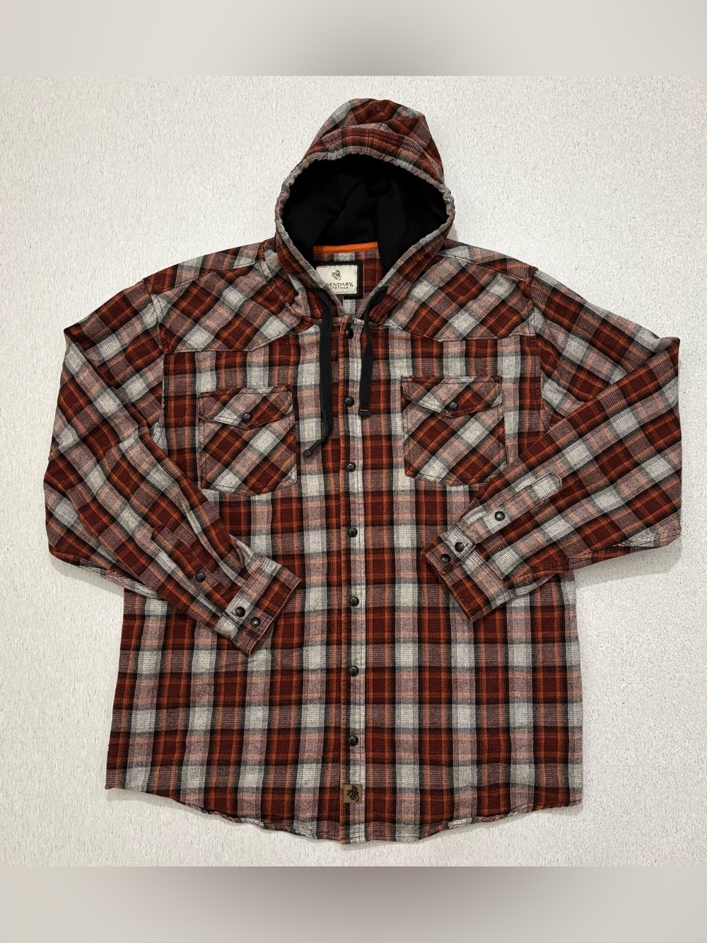 Legendary Whitetails Hoodie Jacket Men XL Orange Plaid Flannel Snap Shacket